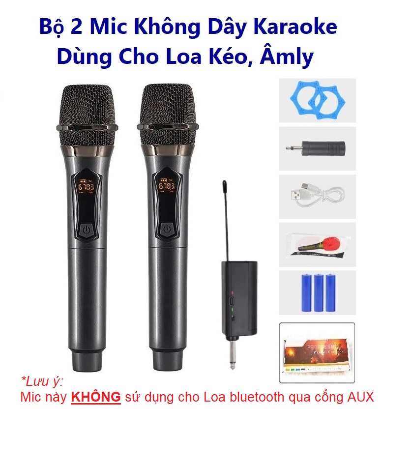 Bộ 2 Micro không dây UHF pin sạc Xám